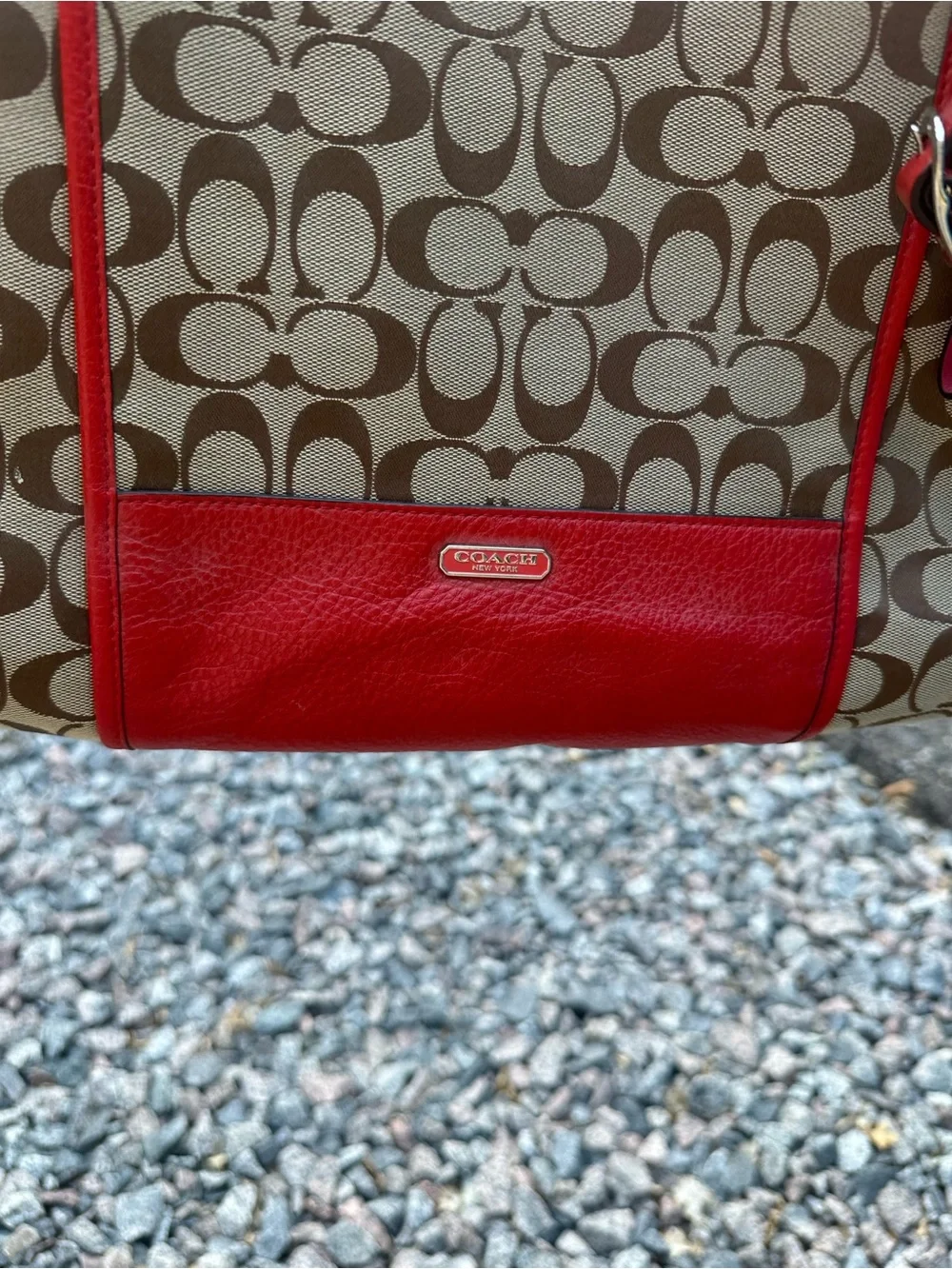 Coach Beige Signature Canvas Tote with Red Trim